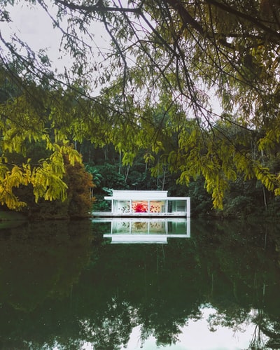 white and red wooden house near green trees and river during daytime